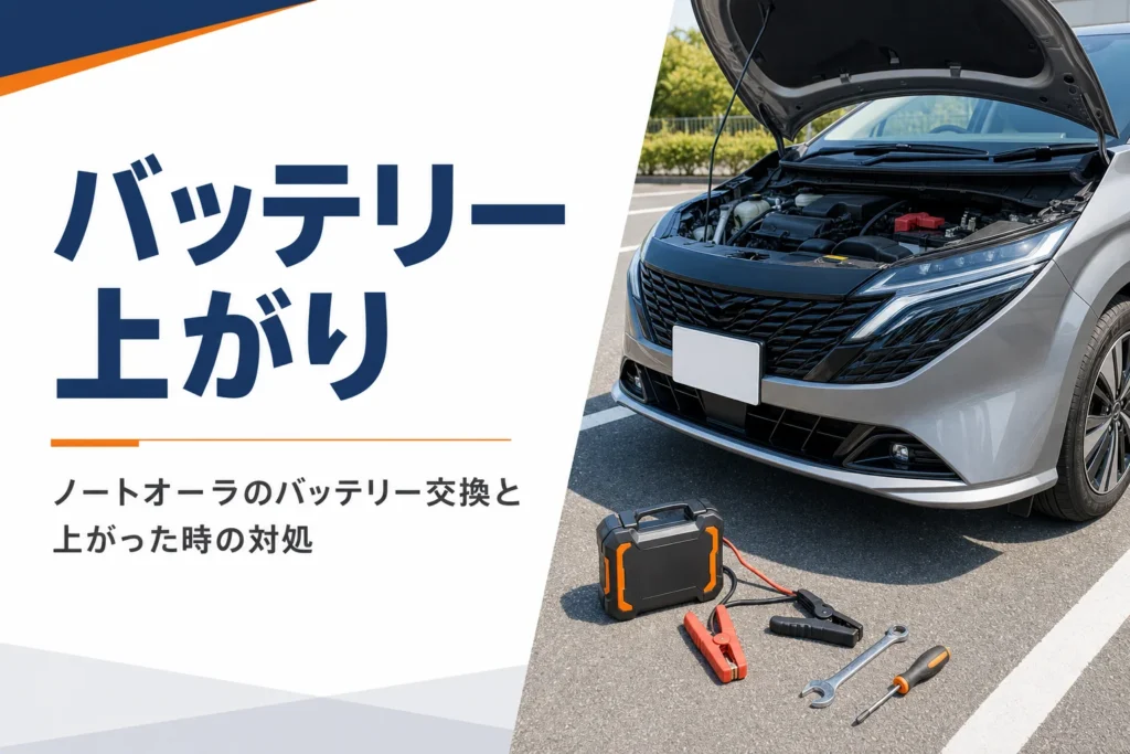 ノートオーラのバッテリー上がりと交換を解説する記事のアイキャッチ
