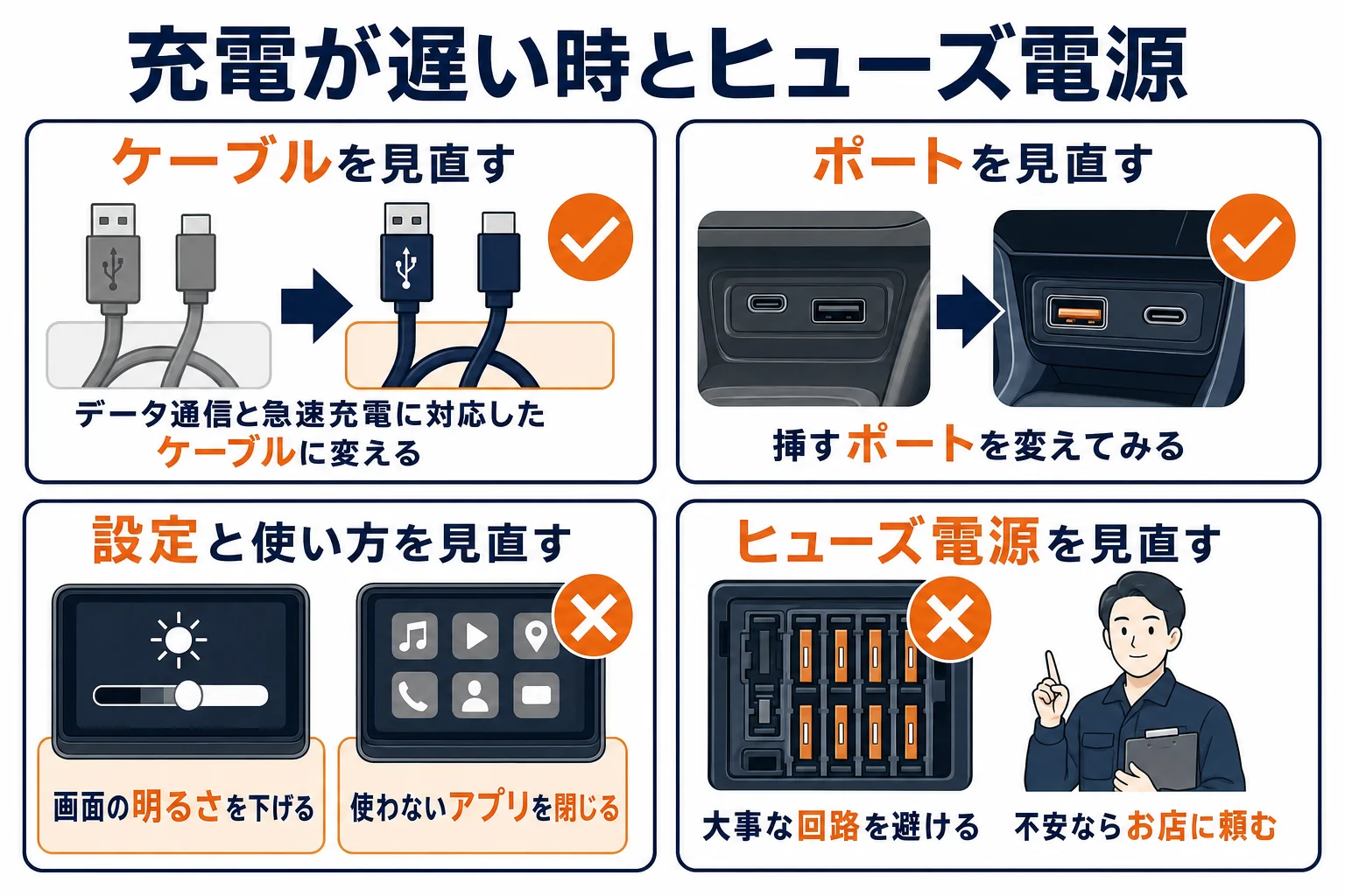 スマホ充電が遅い時の対処とヒューズ電源の注意点の図解