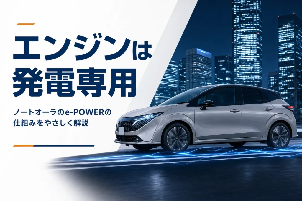 ノートオーラのe-POWERの仕組みとエンジンが発電専用であることを解説する記事のアイキャッチ