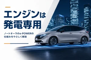 ノートオーラのe-POWERの仕組みとエンジンが発電専用であることを解説する記事のアイキャッチ