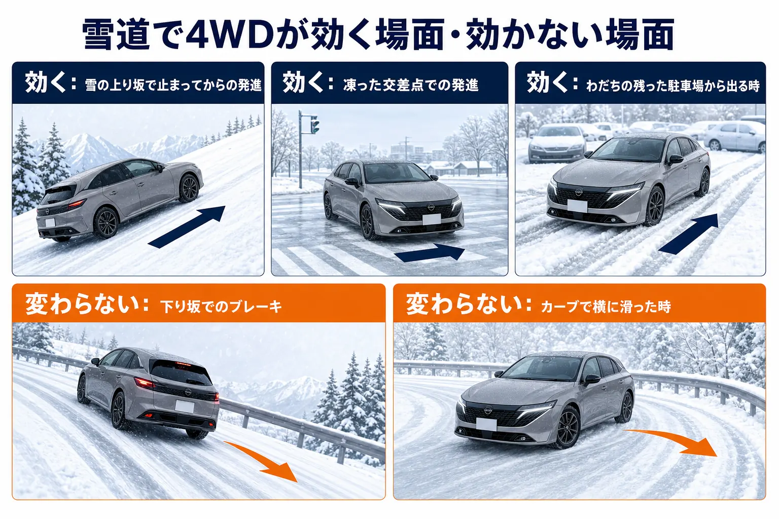 雪道で4WDが効く場面と効かない場面を分けた図解