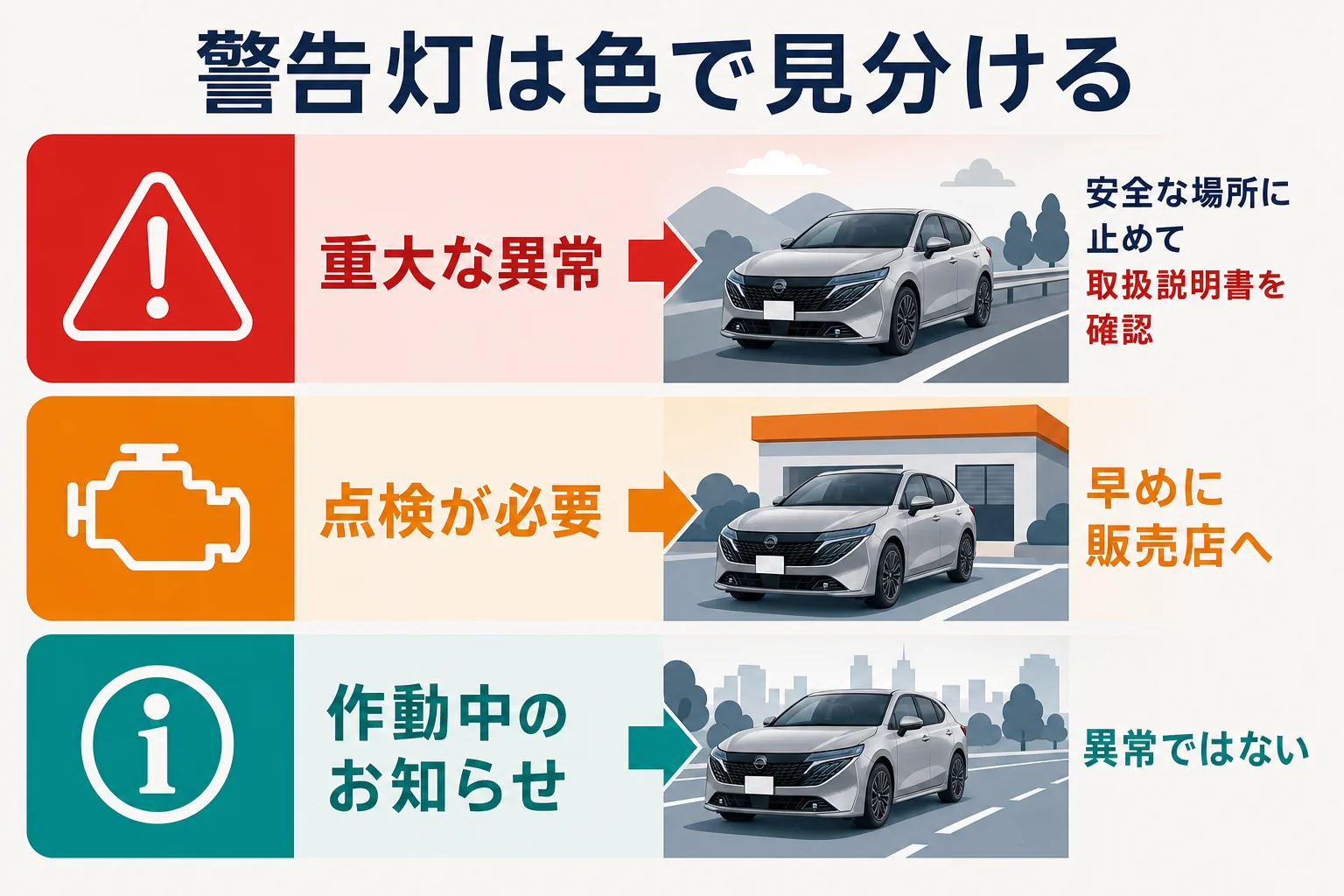 ノートオーラの警告灯を赤・黄・緑の色別に分けて意味と対処を示した図解