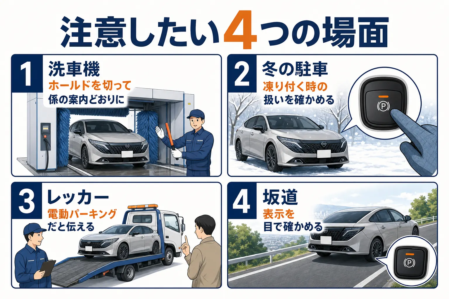 ノートオーラの電動パーキングブレーキで注意したい場面の図解