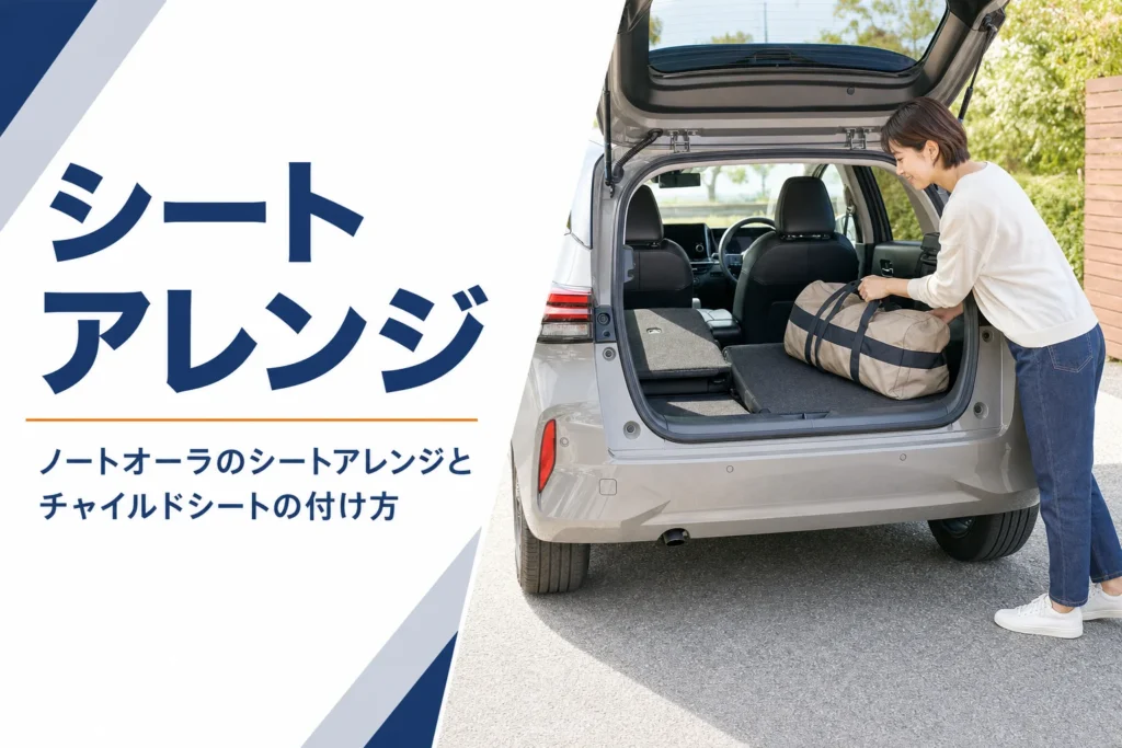 ノートオーラのシートアレンジとチャイルドシートを解説する記事のアイキャッチ