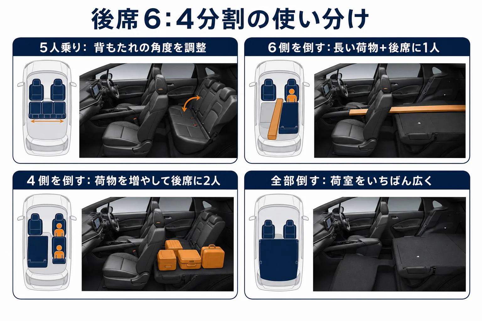 ノートオーラの後席6:4分割のアレンジを4パターンで示した図解