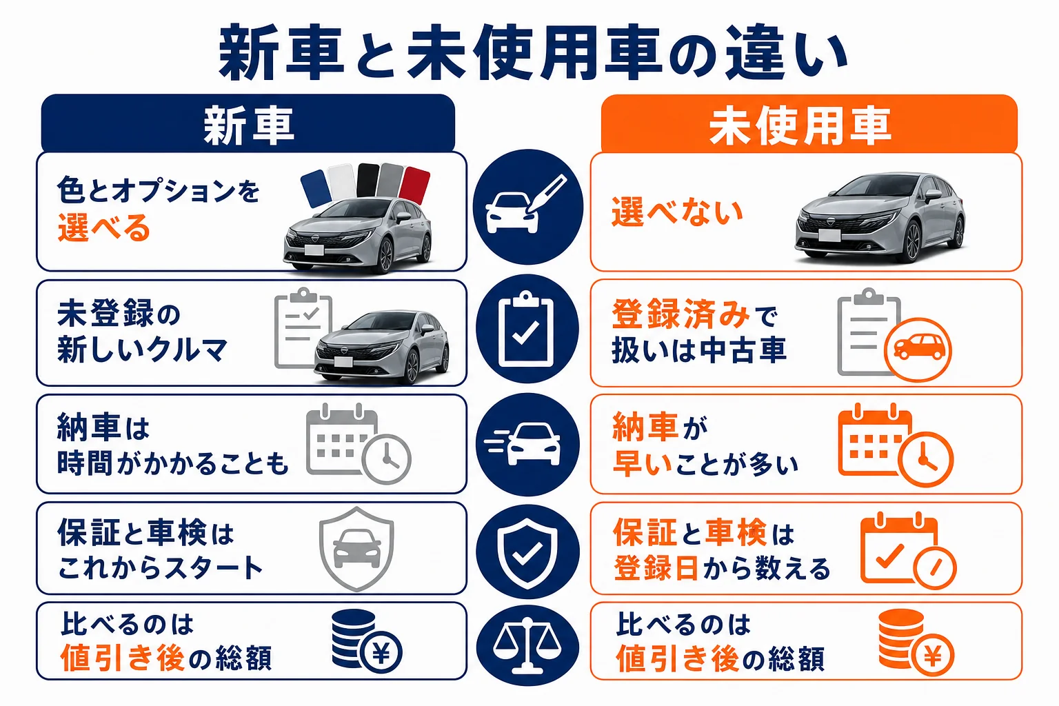 ノートオーラの新車と登録済未使用車を価格・納期・選べる範囲で比べた図解