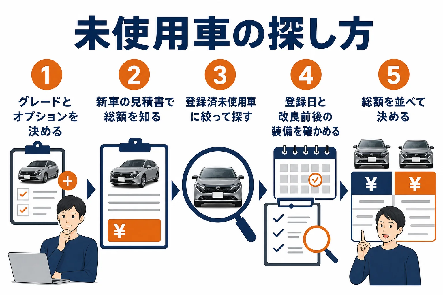 ノートオーラの未使用車を探す時に仕様決めから総額比較まで進める手順の図解