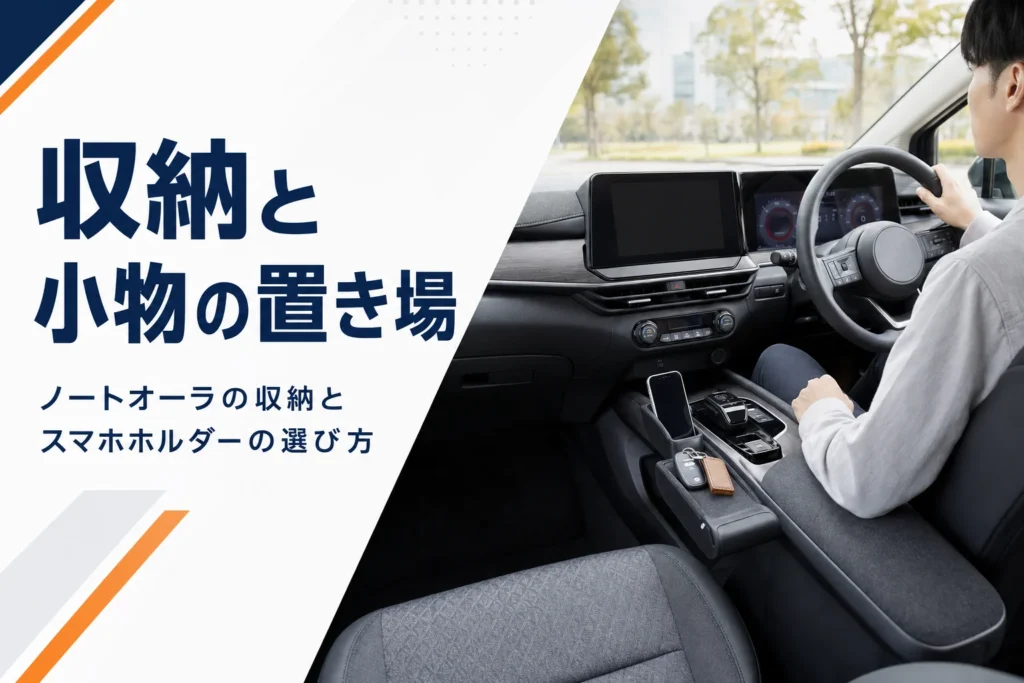 ノートオーラの収納と小物の置き場所を解説する記事のアイキャッチ