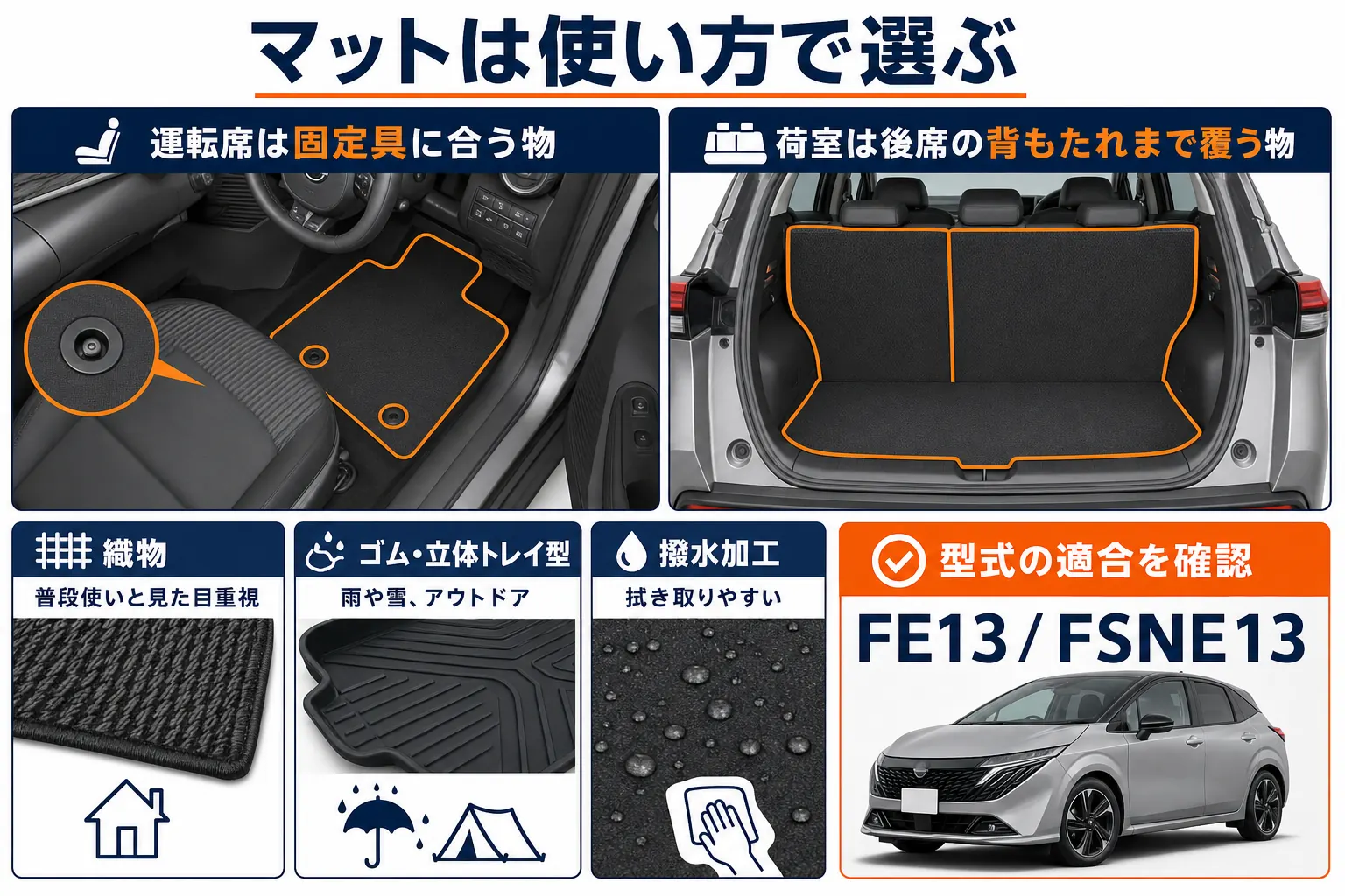 ノートオーラのフロアマットとラゲッジマットを素材と使い方で選ぶ図解