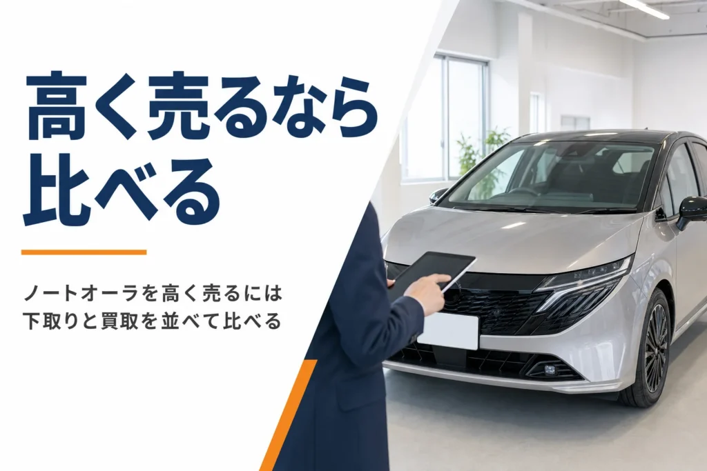 ノートオーラを高く売る方法として下取りと買取の比べ方を解説する記事のアイキャッチ