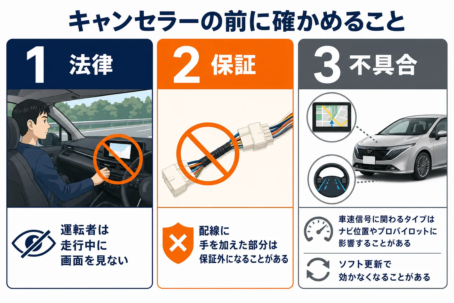 テレビキャンセラーを付ける前に確かめたい法律・保証・不具合のチェックの図解