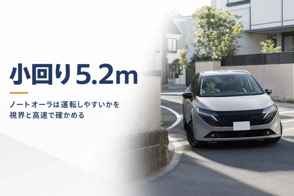 ノートオーラの運転しやすさを視界・小回り・高速道路の場面で解説する記事のアイキャッチ