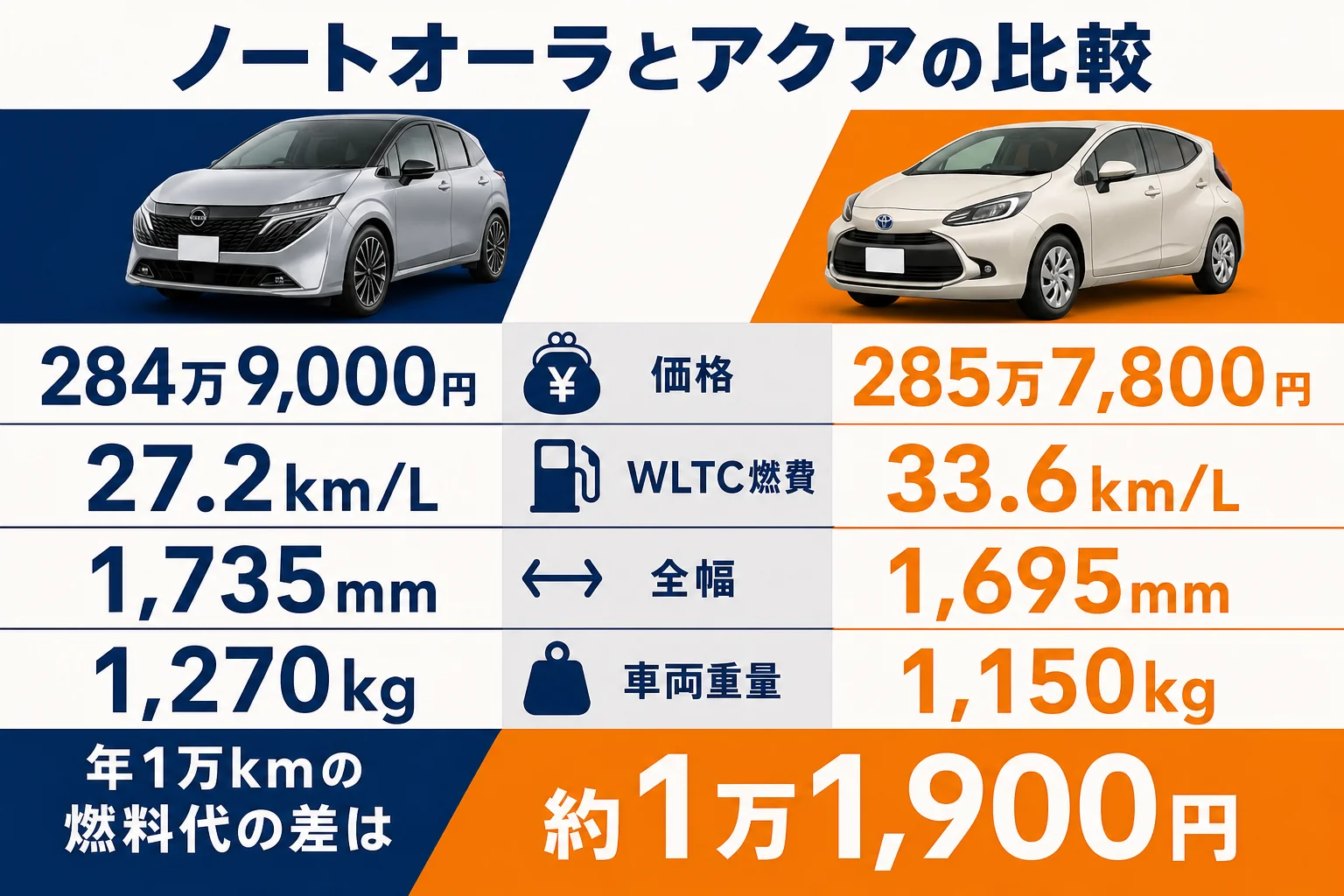 ノートオーラG 2WDとアクアZ 2WDの価格・燃費・サイズ・重量を並べて比べた図解