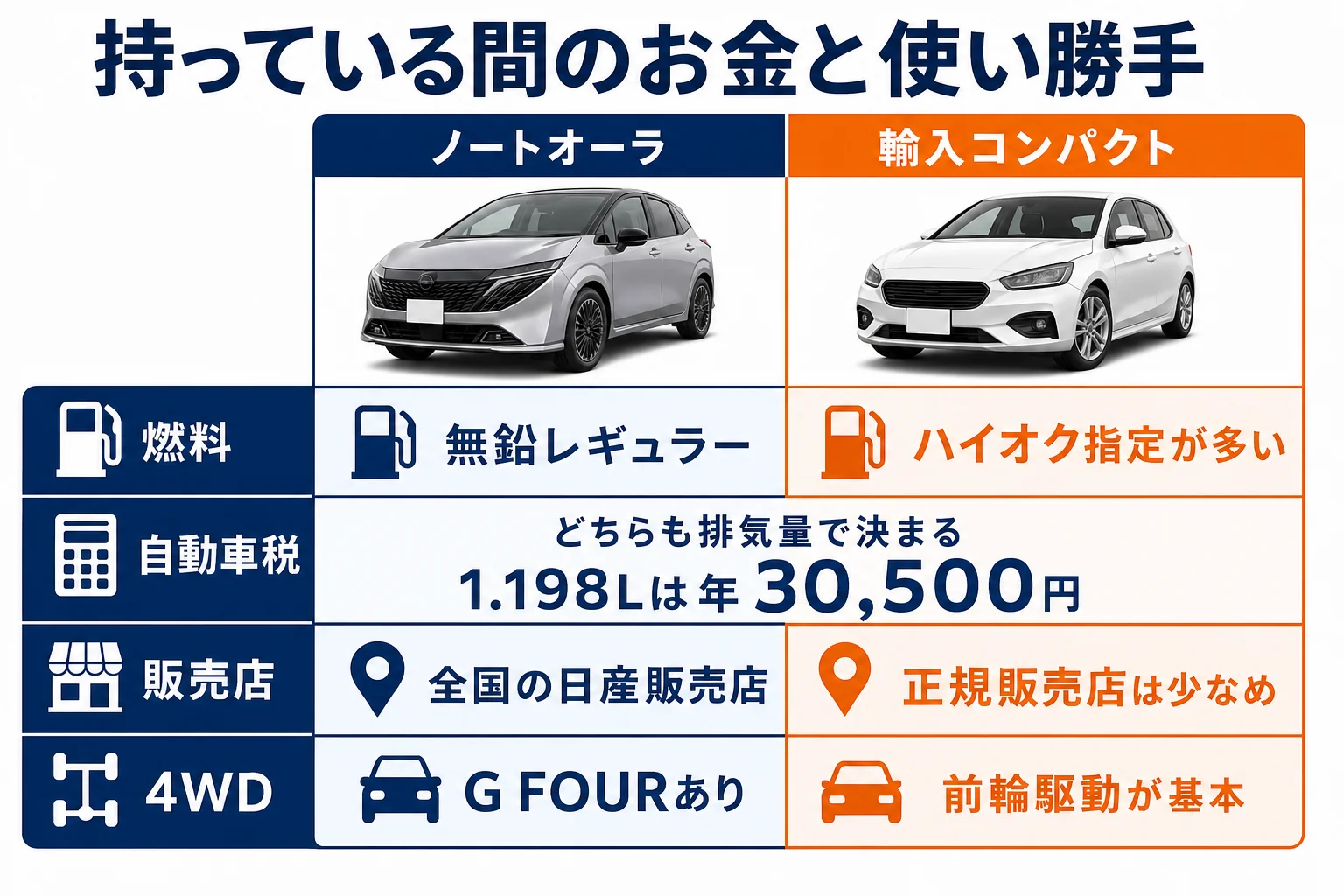 ノートオーラと輸入コンパクトを燃料・税金・販売店・4WD・リセールで比べた図解