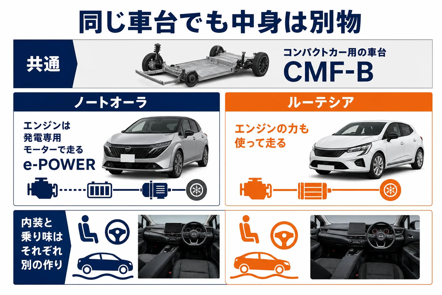 ノートオーラとルーテシアが車台を共有しつつ走りのしくみが違うことを示した図解