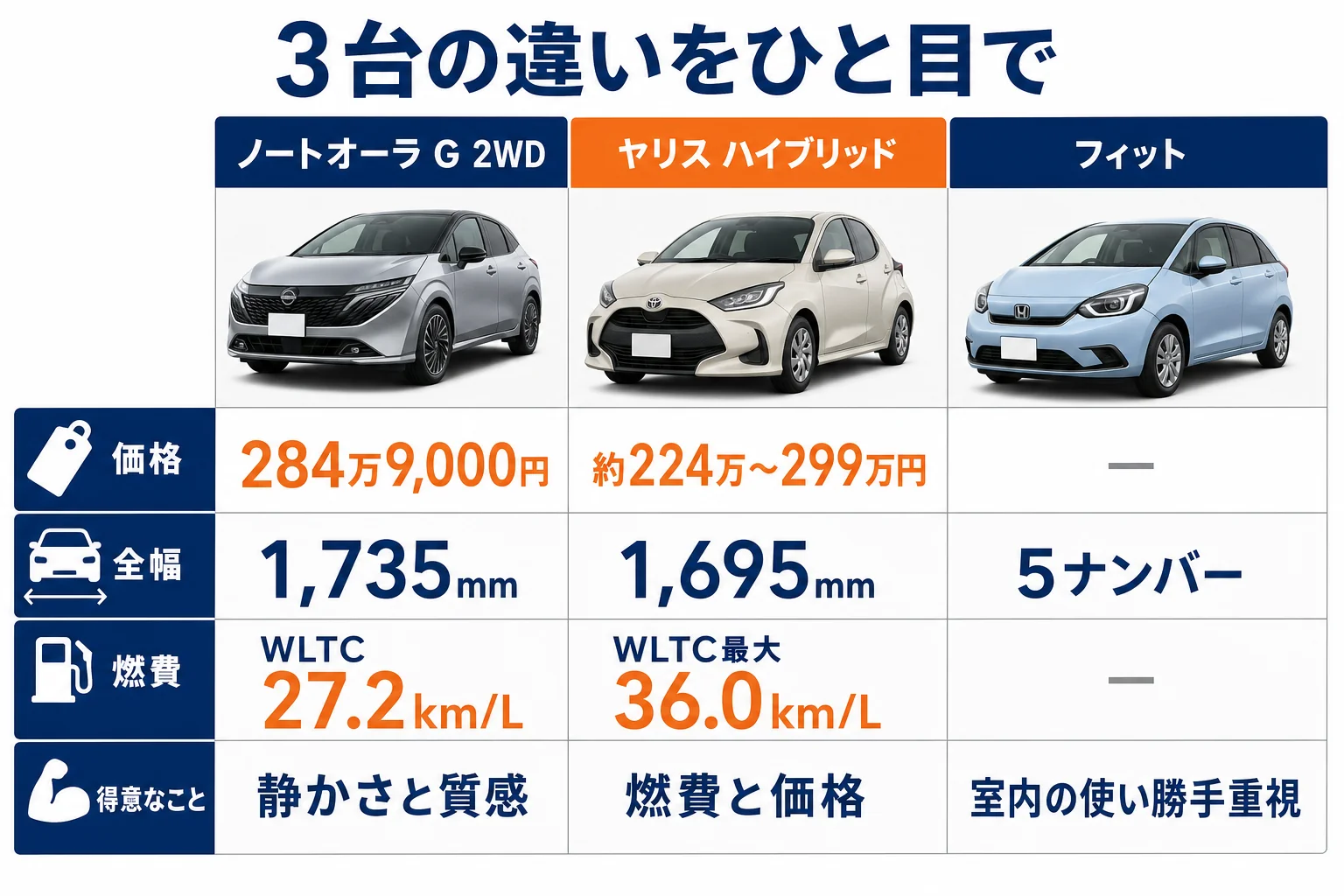 ノートオーラ・ヤリス・フィットの価格・サイズ・燃費・得意なことを並べて比べた図解